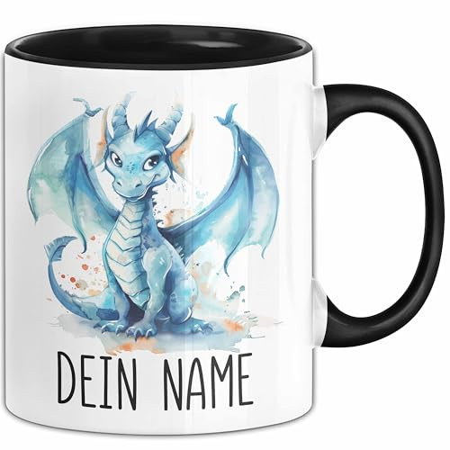 Drache Tasse mit Namen – Personalisierte Tasse Geburtstag Geschenkidee süßes Drachemotiv Namenstasse (Schwarz)