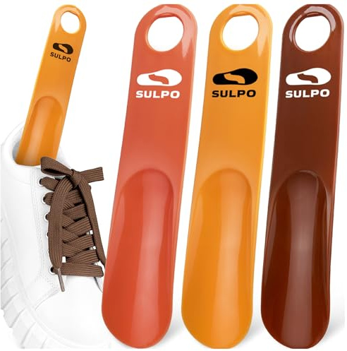 SULPO Schuhlöffel klein 19 cm, Kunststoff, 3 Stück, Orange–Hellorange–Braun | 3 kompakte Schuhanzieher für unterwegs, Handtasche, Reise, Schule und Sport – leicht, platzsparend und mit Aufhängeloch.