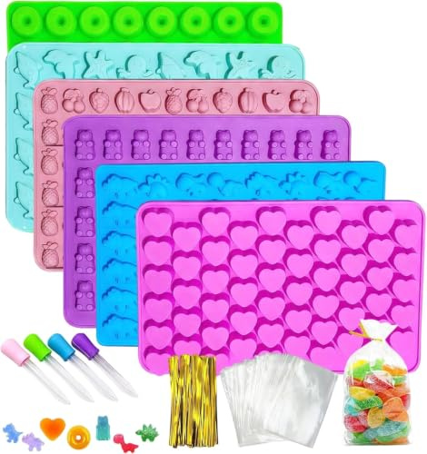 Eulihent 6 Pièces Moule Bonbon Silicone Sans BPA Moule Silicone Gummies avec 4 Pipettes + 50 Sachets de Bonbons pour Faire Chocolat Glaçons Biscuits Bonbons