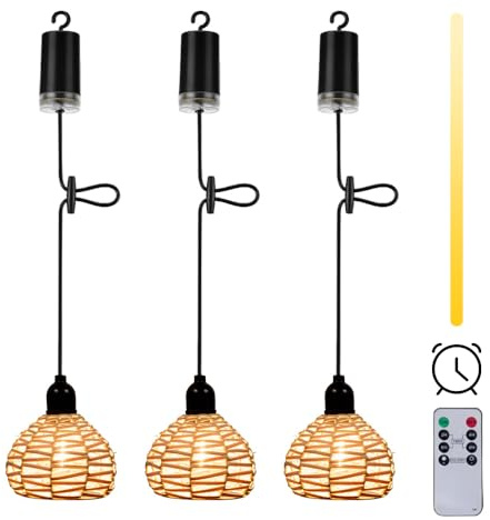 YOFHPT 3 Pack Battery Operated Pendant Light, Outdoor Chandelier, Rattan Hanging Ceiling Lights with Remote Control Timer, Indoor Dimmable Rattan Boho Lampshade Chandeliers for Gazebo Patios