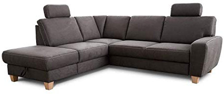Cavadore Ecksofa Wisconsin mit Bettfunktion / Schlafsofa mit Federkern in Lederoptik / Inkl. 2 Kopfstützen + Stauraum / Landhausstil / Holzfüße in Buche / Mikrofaser / 248 x 88 x 215 cm / Dunkelgrau