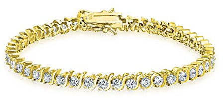 Bling Jewelry Traditionelle Brautschmuck 15 Ct Aaa Cz Runde Solitär Swirl S Wave Link Tennis Armband Für Frauen Hochzeit Gelb 14K Gold Vergoldet .925 Sterling Silber Rhodium