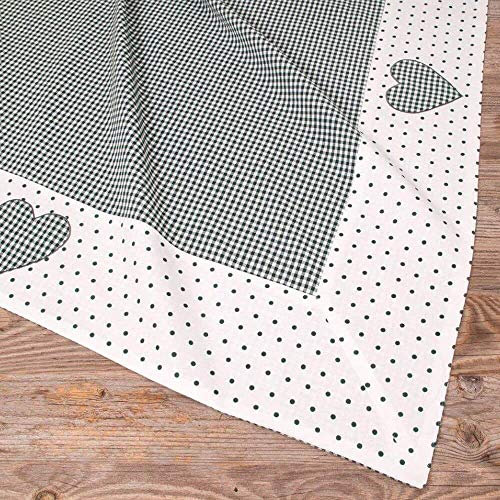 Tischdecke LISE grün kariert, Punkte & Herz - Großes Tischtuch Landhausstil 100 x 100 cm Tischdeko quadratisch - Waschbare Mitteldecke aus 100 % Baumwolle, als moderne Esstischdeko, Hochzeitsdeko