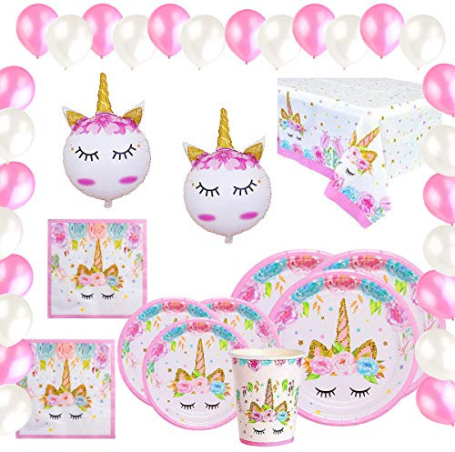 Vajilla Papel Cumpleaños Unicornio Rosa para 16 Invitados,101 Piezas Incluye Platos, Vasos, Mantel, Servilletas y Globos,Ideal para Niñas y Infantiles……