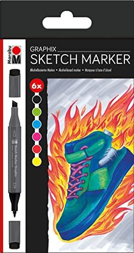 Marabu 0148000000102 - Sketch Marker Graphix 6er Set Heat, japanische Doppelspitze 1-7 mm Keilspitze und 1 mm fein, brillant, schnelltrocknende, alkoholbasierte Tinte, geruchsarm und wasserfest