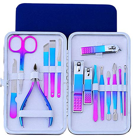 ZUOL 15 nail clippers, rainbow manicure nail set, professional stainless steel pedicure set, nail clippers, nail file, nails, nail clippers and blue leather suitcase
