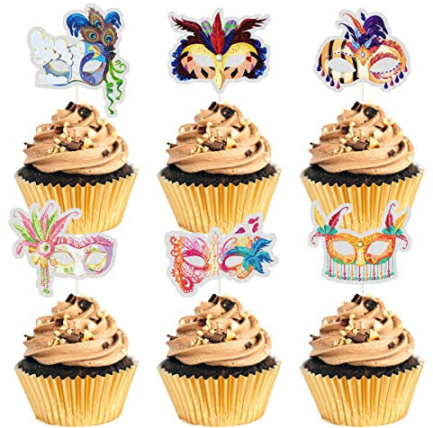 18 Stück Maskerade Cupcake Topper, Bachelorette Party Kuchen Picks 4 Stile * 3 Stück Masked Ball Thema Party Dessert Dekor für Frau/Babyparty/Geburtstag Essen Picks