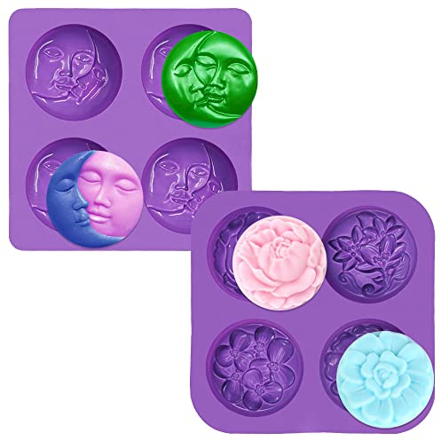 SENHAI 2 Stück Silikon-Seifenformen, 4 Hohlräume Sonne und Mond und 4 Hohlraum-Blumenformen, für Seifenherstellung, DIY Lotion Bar, Kuchen, Schokoladenpudding