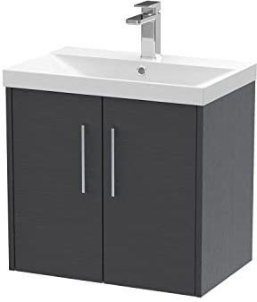 Hudson Reed JNU2223D Juno Modern Bathroom Wall Hung 2-Door Vanity with Thin-Edge Ceramic Basin, 600mm, Woodgrain Graphite Grey