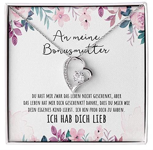 BYLITZ An meine Bonus Mutter Herz Halskette mit personalisierter Nachricht, Kette für die Stiefmutter zum Geburtstag, Muttertag, Frauentag oder Weihnachten (Standard Box - 14K Weißgold)