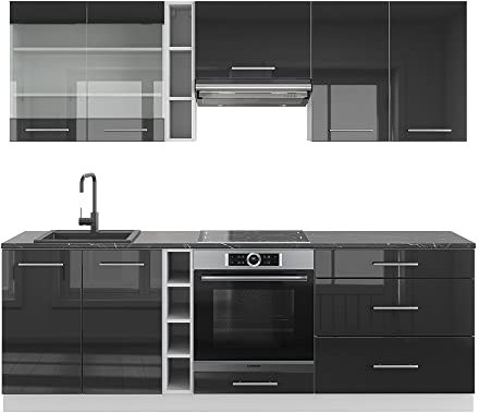 Vicco Küchenzeile Fame-Line, Anthrazit Hochglanz/Weiß, 235 cm ohne Arbeitsplatte