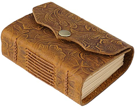 Acidea Leder-Tagebuch-Notizbuch, 10,9 x 7,6 cm, Taschen-Notizbuch, 320 Seiten, Kraftpapier, geprägtes Tagebuch, kleine Leder-Tagebücher zum Schreiben, Mini-Handarbeit, unliniertes Leder-Scrapbook,