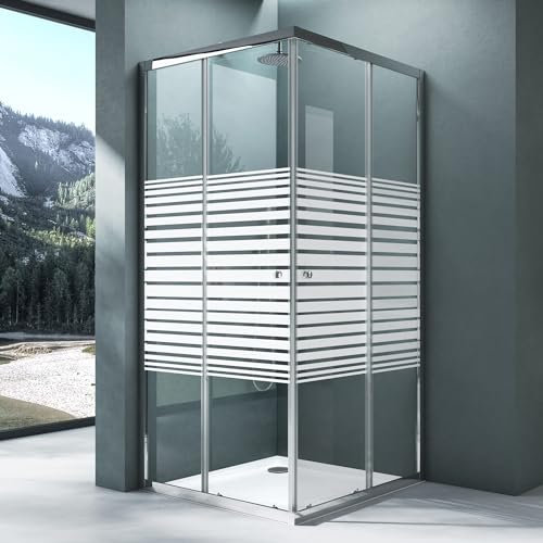 Mai & Mai Duschkabine Duschwand mit Doppel-Schiebetür inkl. Duschtasse 75x100 cm Eckeinstieg Echtglas Lotuseffekt ESG-Sicherheitsglas Milchglasstreifen mit Magnetverschluss R16MS Plus