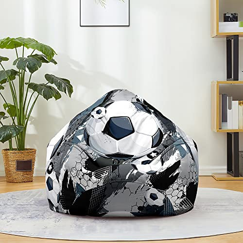 FANSU Bean Bag Cover Without Filling, Gaming Bean Bag Chair for Adult Kids, Highback Beanbag Seat, Stuffed Toy Clothes Storage 3D Football Print Lazy Sofa (70x80cm,Grey background football)
