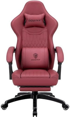Dowinx Gaming Chair with Spring Cushion,Racing Gamer Chair with Massage Lumbar Support, Ergonomic Gaming Armchair with Footrest Office Chair PU Leather Red