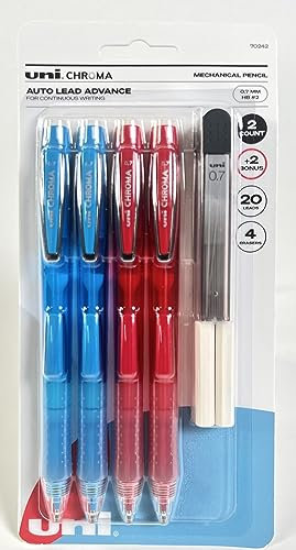 uni-ball Chroma HB #2 Lot de 4 porte-mines avec mine auto-avancée et poignée rembourrée, kit de démarrage avec pointes moyennes de 0,7 mm, 20 recharges de mines et 4 recharges de gomme à crayon, HB #2