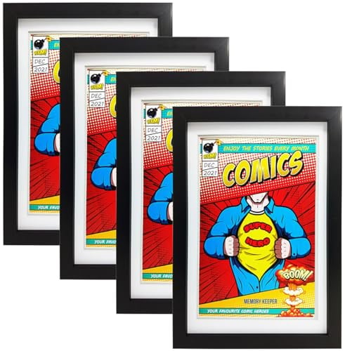 Memory Keeper Comic-Bilderrahmen mit Echtglas, 17,1 x 26 cm, 4 Stück | Teilweise UV-Schutz, passend für aktuelle Comics, doppelte weiße Matten, kompatibel mit Comic-Taschen und Hüllen