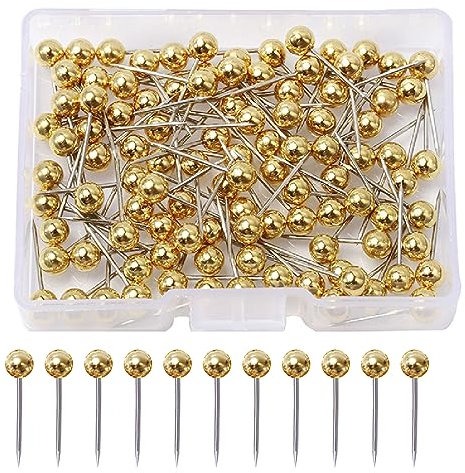 Tadipri 200 Stück Karten-Reißzwecken, 4 mm x 15 mm Markierungsnadeln, Rundkopfnadeln, für Korktafel, Reißzwecken, Korknägel, Stecknadeln (Gold)