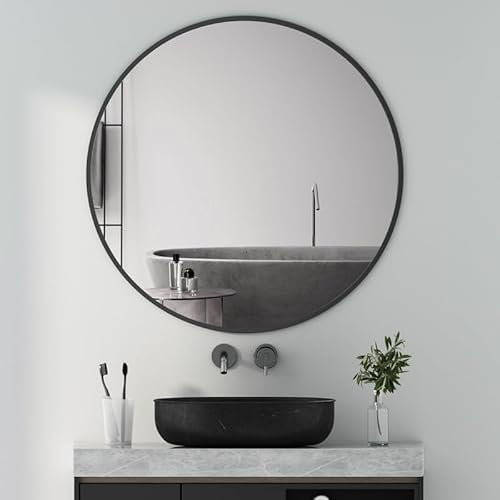 Goezes Rund Wandspiegel Schwarz 70cm Spiegel mit Metall Rahmen, Runder dekorativer HD Groß Wandspiegel Schminkspiegel Dekospiegel für Badezimmer, Schlafzimmer, Wohnzimmer, Ankleidezimmer, Flur