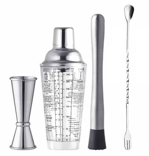 Set di 4 shaker per cocktail, in vetro da 400 ml, con doppio misurino (28,3 g e 56,7 g), pestello da cocktail e cucchiaio da miscelazione, kit da barista per cocktail, mojito, frutta e bevande