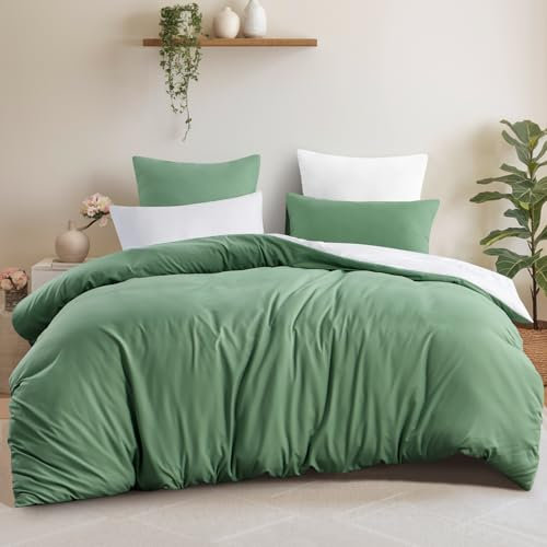 Aisbo Double Size Duvet Cover Set - 3Pcs Reversible Bedding Bed Set Green and White Double Soft Brushed Microfiber Quilt Cover with 2 Pillowcases 50x75cm
