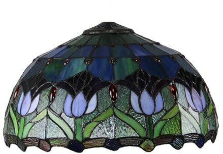 AIBOTY Lila Tulpenblume Blauer Lampenschirm Ersatz, 16 Zoll Tiffany Stil Rosa Grün Buntglasschirm für Tischlampe, Pendelleuchte, Stehlampe, Deckenlampe