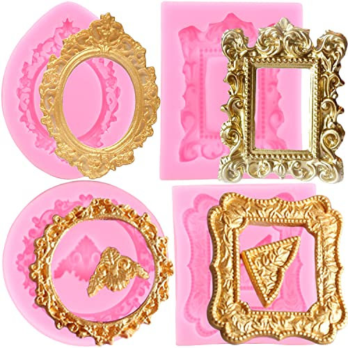 RFGHAC Photo Frame Fondant Moulds Picture Frames Silicone Mould Vintage Frame Moulds for Cake Decorating Cupcake Topper Chocolate Candy Polymer Clay Gum Paste Set of 4