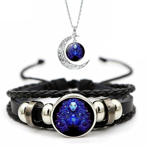 Spirilet Bracelet Zodiac Manifestation, Zodiac Signs Spirit Bracelet, Multilayer Adjustable 12 Constellation Weave Leather Bracelet and Moon Pendant Necklace for Men Women Girls Jewelry Gifts Set ( Co