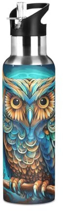 Linnyio Chouette Bleue Cool Gourde Sport Étanche,Sans BPA,Bouteille D'Eau Isolée Sport Tasse À Vide en Acier Inoxydable,1000ml/600ml
