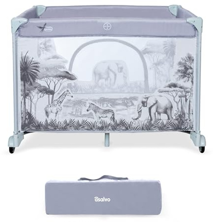 Asalvo Square Laufstall für Babys, quadratisch, faltbar, 93 x 93 cm, mit atmungsaktivem Netzstoff, Laufstall für Babys, Laufstall, gepolsterte Unterlage und Tragetasche, Grauwald