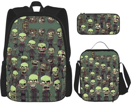 DRTGEDS Many Zombies Backpack With Lunch Box 3 In 1 Set With Pencil Case, Large Capacity Backpack With Chest Strap