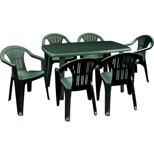 Sicignano | Set mit 6 Sesseln Ratak mit rechteckigem Tisch, oval, komplett grün, Polypropylen stapelbar mit Armlehnen, einfach zu montieren, Möbel für Innen- und Außenbereiche, Garten, hergestellt in