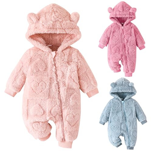 Winmany Tuta invernale da neve per neonato, con orsetto, in pile con cappuccio, a forma di cuore, per ragazzi e ragazze, Colore: rosa., 9-12 mesi