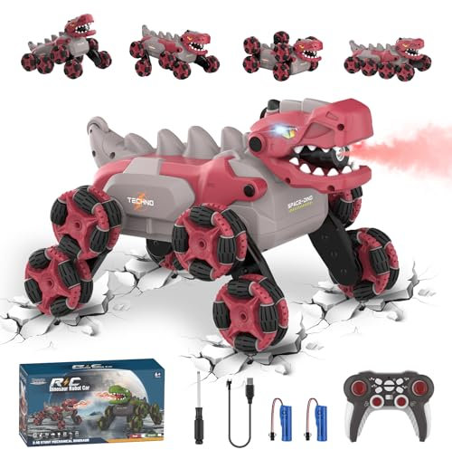 Dinosaurier Ferngesteuertes Auto, 8WD MonsterTruck Ferngesteuert ab 4 5 6 7 8 9 10 Jahre, 2.4Ghz RC Auto mit 360°-Drehung/Spray/Licht/Gebrüll, Dinosaurier Spielzeug Geschenk ab 3-12 Jahre Jungen, Rot