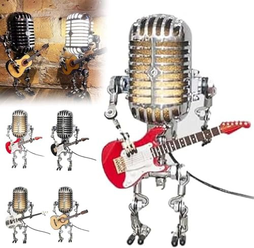 Vintage Microphone Robot Desk Lamp, Holding Guitare Vintage Night Light, Microphone Guitar Robot Lamp,Retro Lamp Home Decor Bedside Table Lamp Cool Gifts for Music Lovers (Red)