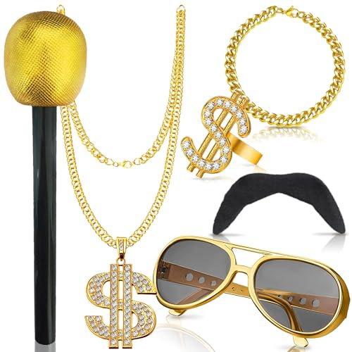 Edmirfun Ensemble de Costume Hippie Homme, 6 Pièces 70s 80s Accessoires de Rappeur, Funky Lunettes de Soleil,Fausses Moustaches Auto Adhésives, Deguisement Disco Homme pour Carnaval ou Fêtes à Thème