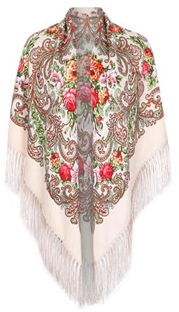 FASLOLSDP Wrap Schal Damen, Halstuch mit traditionellem ukrainischem/polnischem/russischem Blumenmuster und Fransen Elegante Halstuch Schal