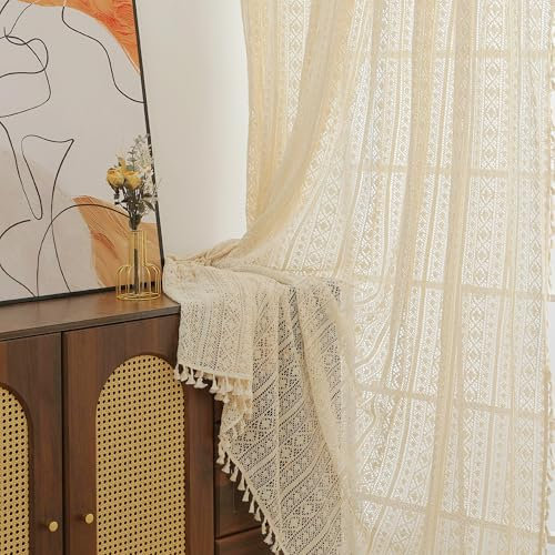 RUIXUAN Gardinen Vorhänge mit Kräuselband beige Gardine mit Quaste Boho Vorhang Häkeln Stricken kräuselband Wohnzimmer Modern Voile Schienensystem Schlafzimmer Curtains 2er Set 150 * 230cm