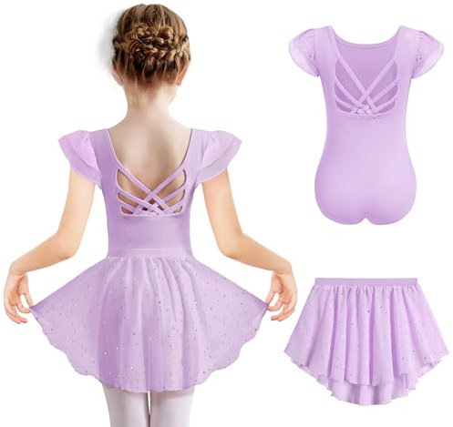 Arshiner Mädchen Ballettkleider Violett Sommer Ballettkleidung Kurzarm Rückenfrei Tanzkleid Kinder Balletttrikot Baumwolle Ballettanzug Ballett Tanzbody Ballettbody mit Rock Tütü 120/3-4 Jahre