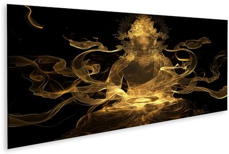 islandburner Bild auf Leinwand Goldene Buddha Statue mit mystischem Rauch für Wohnzimmer Spiritualität Wellnesszentrum Bilder Wandbilder Poster