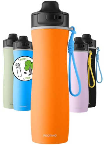 PROFINO Active Trinkflasche 625 ml, isoliert, Flip-Cap, Edelstahl | orange, auslaufsicher, 6h warm, 12h kalt, Paracord-Band, recycelter Stahl, robuste Verarbeitung, für Outdoor und Fitness