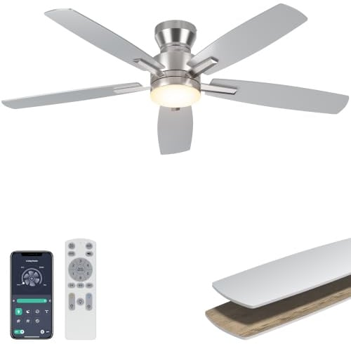 Ohniyou Ceiling Fans with Lights, 52'' Ceiling Fan with Light and Remote/APP Control, Modern Flush Mount Ceiling Fan for Indoor Bedroom Living Room, Dimmable, Qiuet DC Motor, Silver