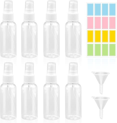BORISCA 8 Piezas Botes Spray Pequeños 50ml Transparentes con 2 Embudos y 1 Hoja de Etiquetas, Bote Spray Pulverizador, Botellas de Viaje Rellenables Transparente, para Cosmética, Colonia (50ml*8)
