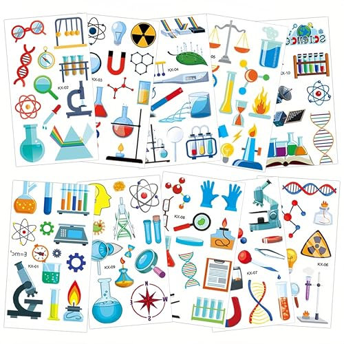 Qpout 10pcs Wissenschaft Temporäre Tattoo für Kinder, lustige Wissenschaft Labor Aufkleber, Bildung Zukunft verrückter Wissenschaftler Geburtstagsfeier Gunst Dekoration für Teenager Schule