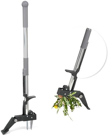 Crystals Weed Puller Tool, Long Handle Garden Weeding Tool with 4 Claws, Stand Up Weeder Hand Tool, Heavy duty stainless steel Hand Weed Root Remover Puller for Dandelion, Weed Foot Pedal Pulling