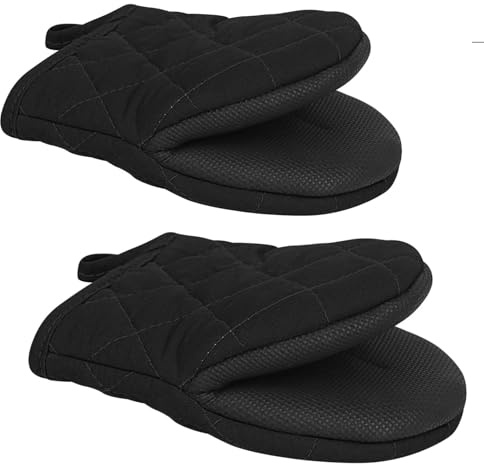 Short Oven Mitts, Silicone Kitchen Oven Mitts Mini Heat Resistant for 500 Degrees, with Non-Slip Grip Surfaces and Hanging Loop, Oven Gloves for Baking, Cooking,Grilling Barbecue (Black)
