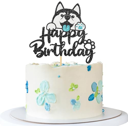 Husky Happy Birthday Tortenaufsatz – Haustier-Hund Welpe Geburtstagstortenzubehör – Let's Pawty – Babyparty-Dekoration – schwarzer Glitzer