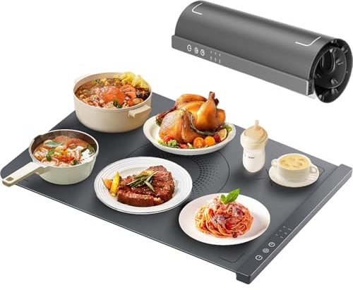Warmhalteplatte für Speisen, 350W Zusammenklappbar Warmhaltematte, Silikon-Warmhalteplatte - 8s Schnellaufheizung & 3-Temperaturstufen, Wärmeplatte Essen für Auftauen und Warmhalten von Speisen