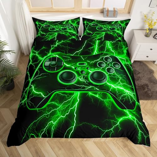 Homewish Gamer Single Duvet Cover Set Gaming Bedding Sets for Girls - Video Game Console Comforter Cover Green Lightning Bed Set with 1 Pillowcase- Boys Bedroom Decor