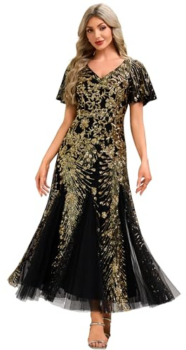 Ever-Pretty Pailletten Ballkleider Abendkleid Damen Lang Tull V-Ausschnitt Maxi Partykleid Schwarz 40
